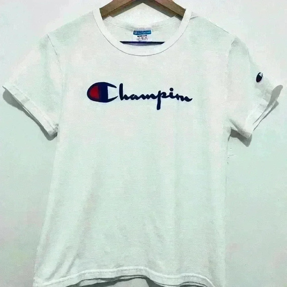 Champion Tops - Champion Classic T-Shirt, Women’s Size Medium, White with Navy Blue Script Logo